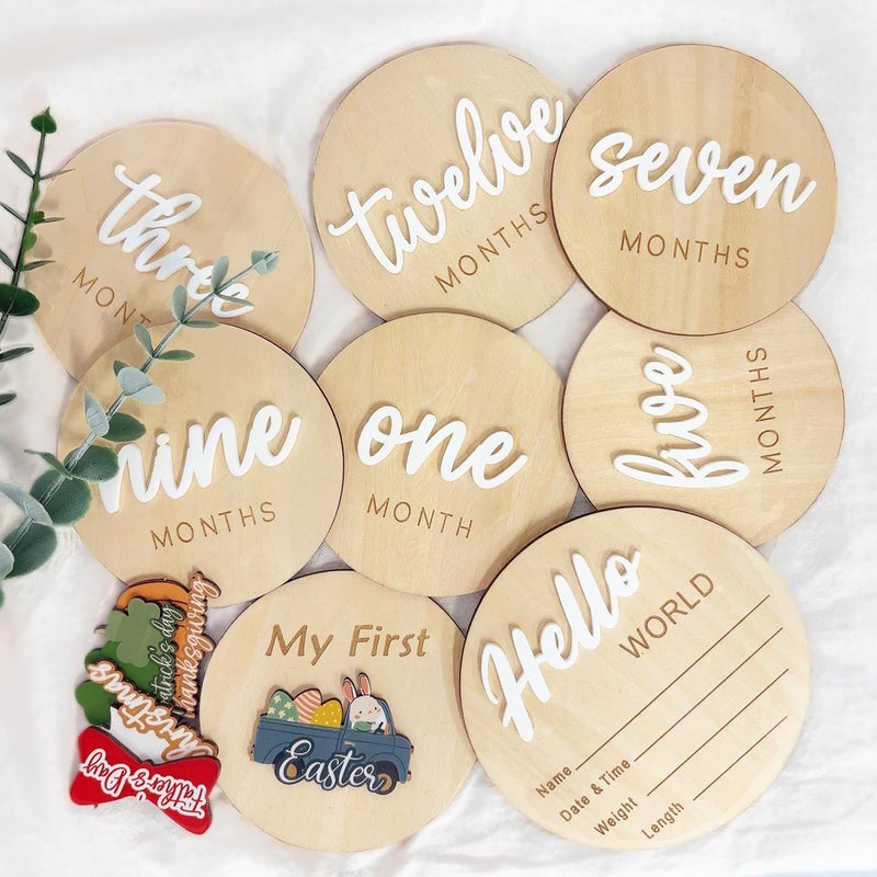 cephira Monthly Baby Milestone Maker Discs, Baby Milestone Signs for Newborn Baby, Hello World Newborn Sign for Baby Girl & Boy, Baby Announcement Sign for 1-12 Month, Milestone Wooden Circles (White) - Image 1